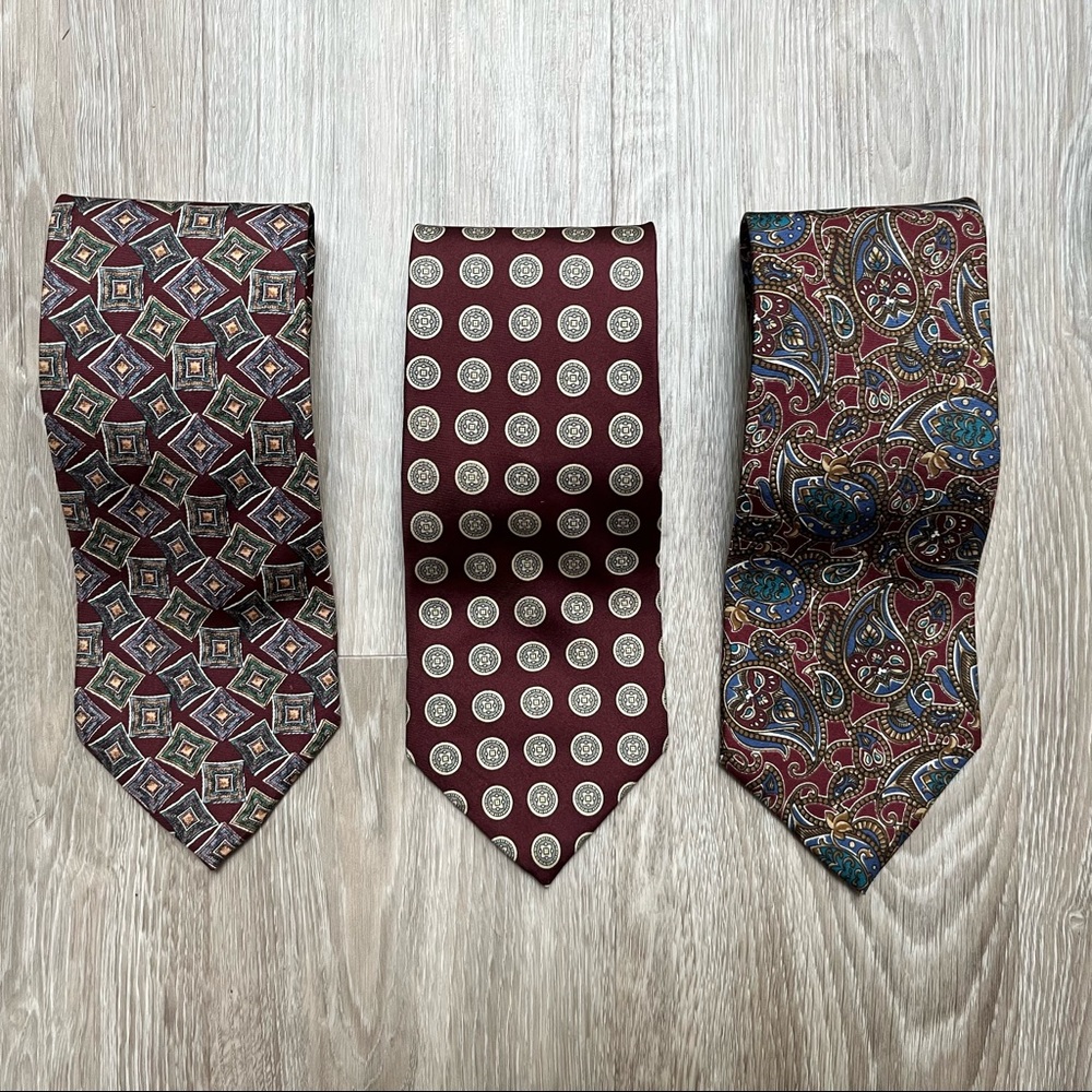 Vintage Christian Dior Monsieur Silk Ties, Set of 3, Maroon/Red/Beige Colors